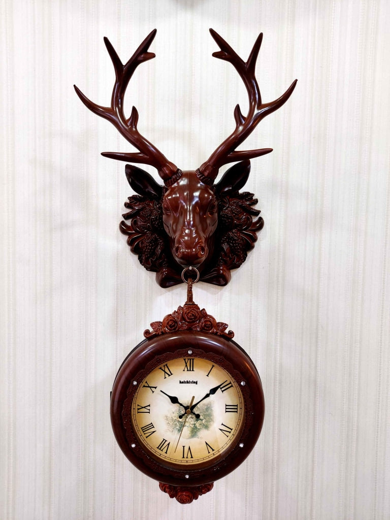 FunkyDecors Royal Brown Dual Hanging Reindeer Wall Clock For Home Office Decor And Gifts 75 Cm
