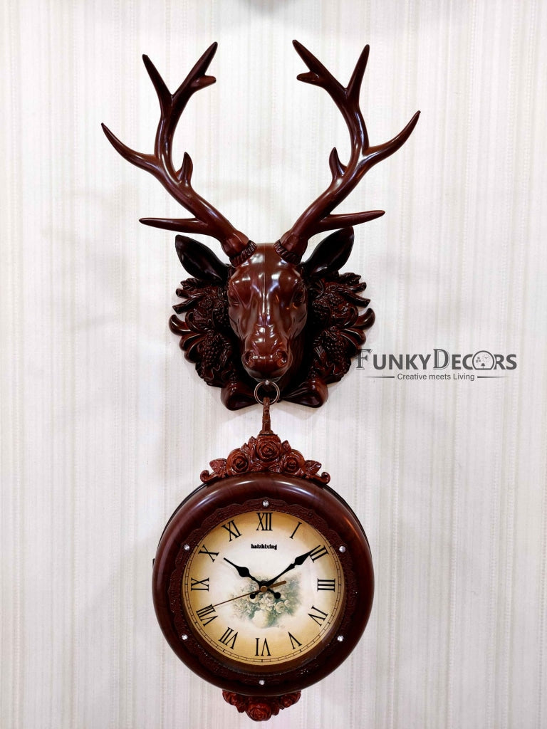 Funkytradition Royal Brown Dual Hanging Reindeer Wall Clock For Home Office Decor And Gifts 75 Cm
