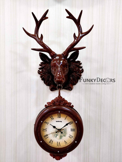 Funkytradition Royal Brown Dual Hanging Reindeer Wall Clock For Home Office Decor And Gifts 75 Cm