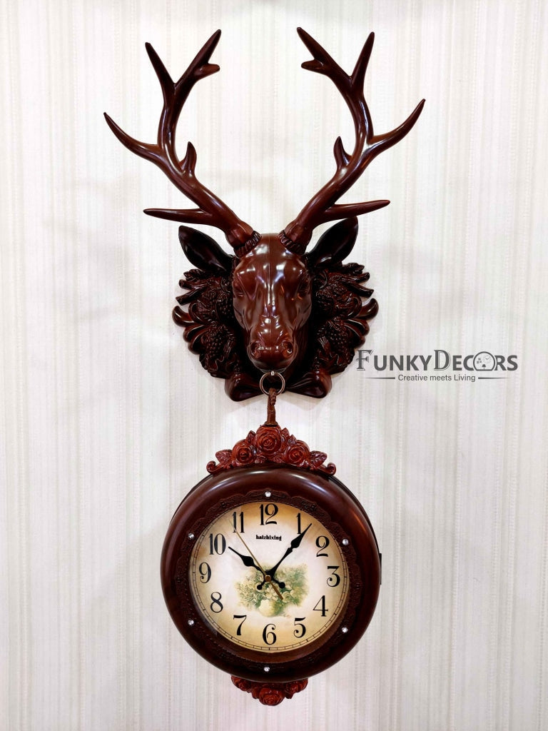 FunkyDecors Royal Brown Dual Hanging Reindeer Wall Clock For Home Office Decor And Gifts 75 Cm