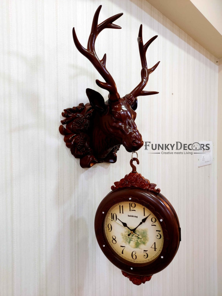 FunkyDecors Royal Brown Dual Hanging Reindeer Wall Clock For Home Office Decor And Gifts 75 Cm