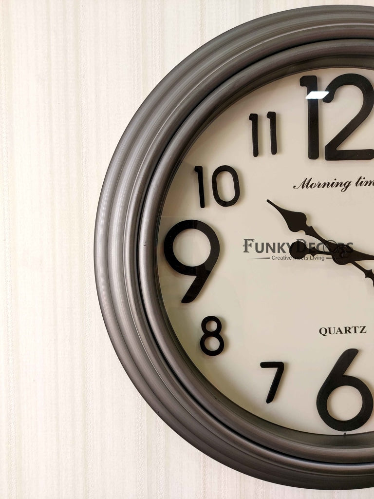 FunkyDecors Royal Designer Big Font Silver Grey Wall Clock Watch Decor For Home Office And Gifts