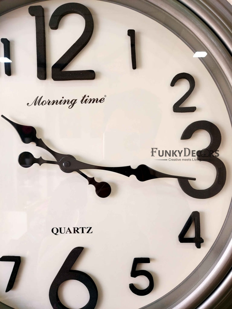 FunkyDecors Royal Designer Big Font Silver Grey Wall Clock Watch Decor For Home Office And Gifts