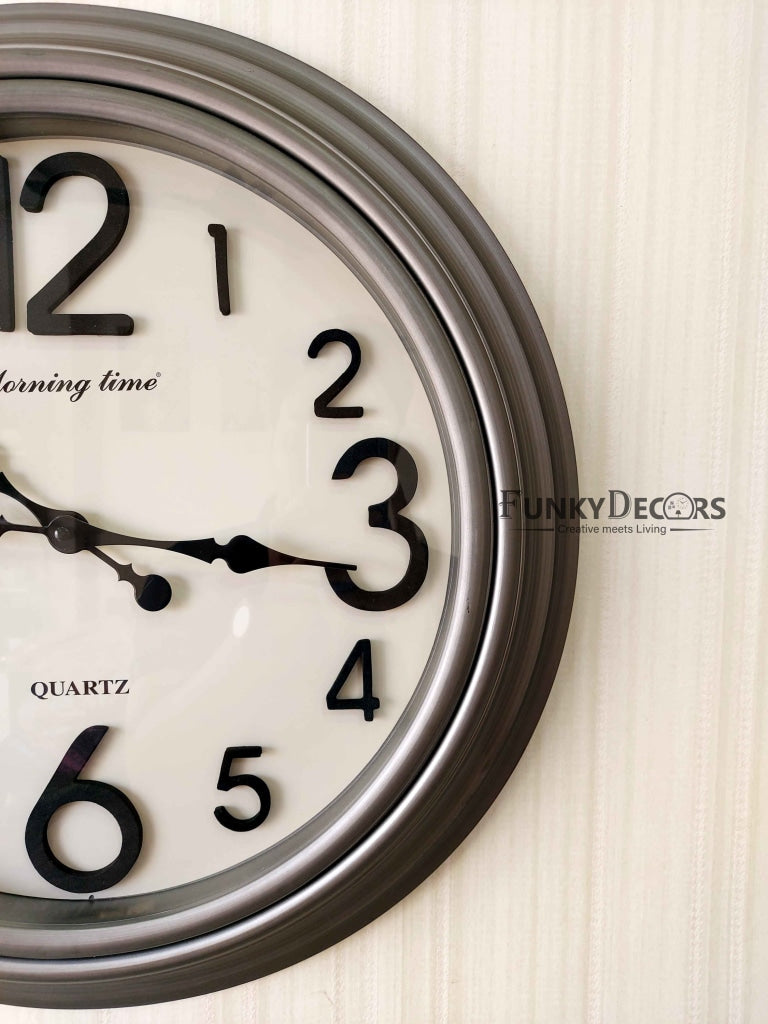 FunkyDecors Royal Designer Big Font Silver Grey Wall Clock Watch Decor For Home Office And Gifts