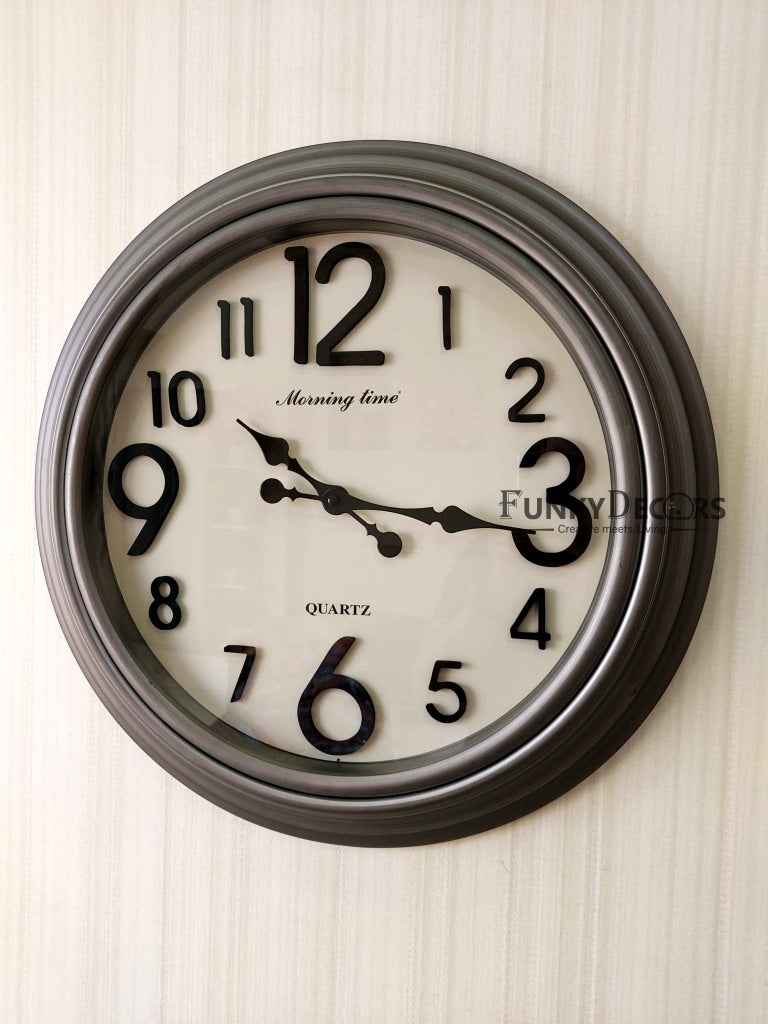 FunkyDecors Royal Designer Big Font Silver Grey Wall Clock Watch Decor For Home Office And Gifts