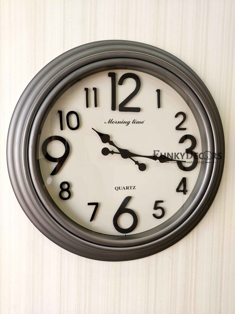 FunkyDecors Royal Designer Big Font Silver Grey Wall Clock Watch Decor For Home Office And Gifts