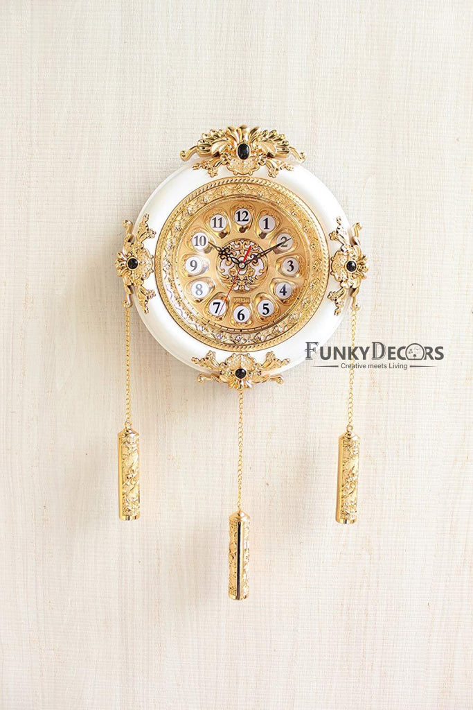 FunkyDecors Royal Designer Gold Plated White Premium String Hanging Wall Clock For Home Office