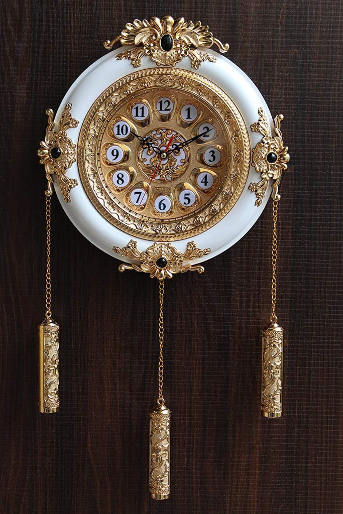 FunkyDecors Royal Designer Gold Plated White Premium String Hanging Wall Clock For Home Office
