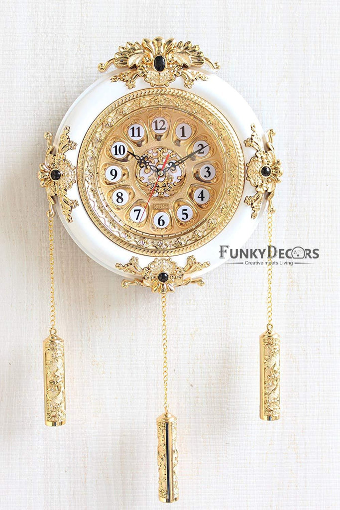 FunkyDecors Royal Designer Gold Plated White Premium String Hanging Wall Clock For Home Office