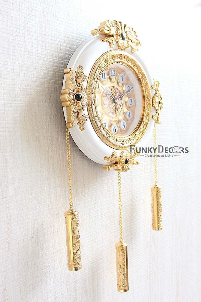 FunkyDecors Royal Designer Gold Plated White Premium String Hanging Wall Clock For Home Office