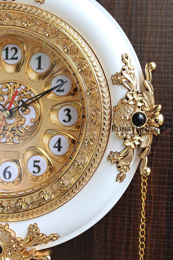 FunkyDecors Royal Designer Gold Plated White Premium String Hanging Wall Clock For Home Office