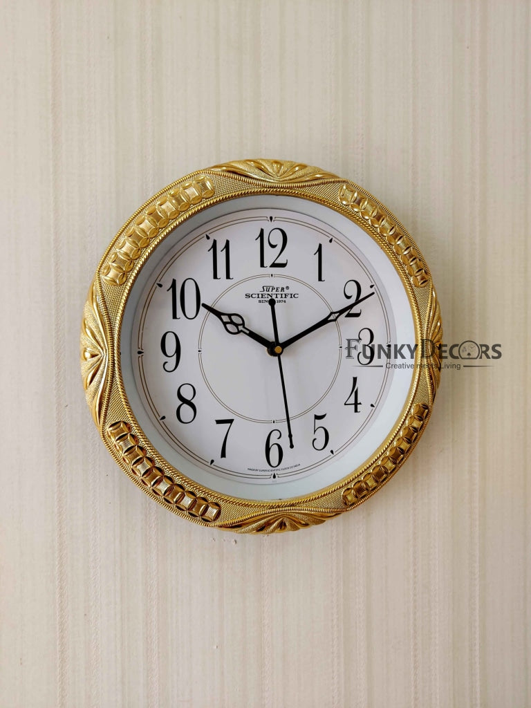 FunkyDecors Royal Designer Gold Plated White Premium Wall Clock For Home Office Decor 26 Cm Tall