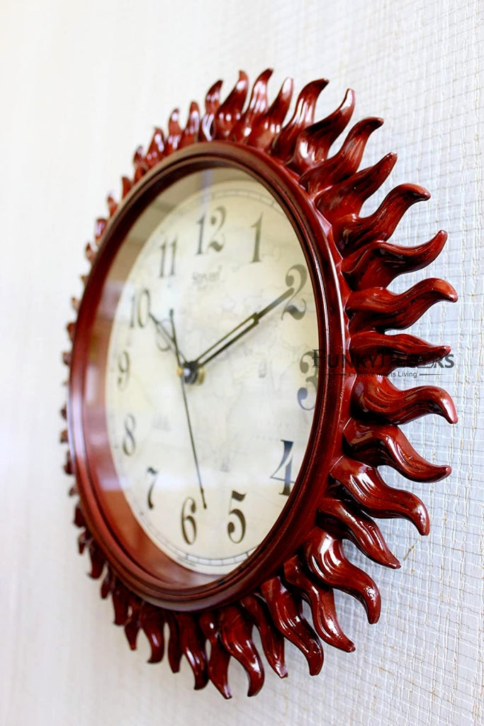 Funkytradition Royal Designer Light Brown Sun Shaped Wall Clock Watch Decor For Home Office And