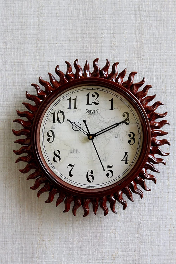 FunkyDecors Royal Designer Light Brown Sun Shaped Wall Clock Watch Decor For Home Office And