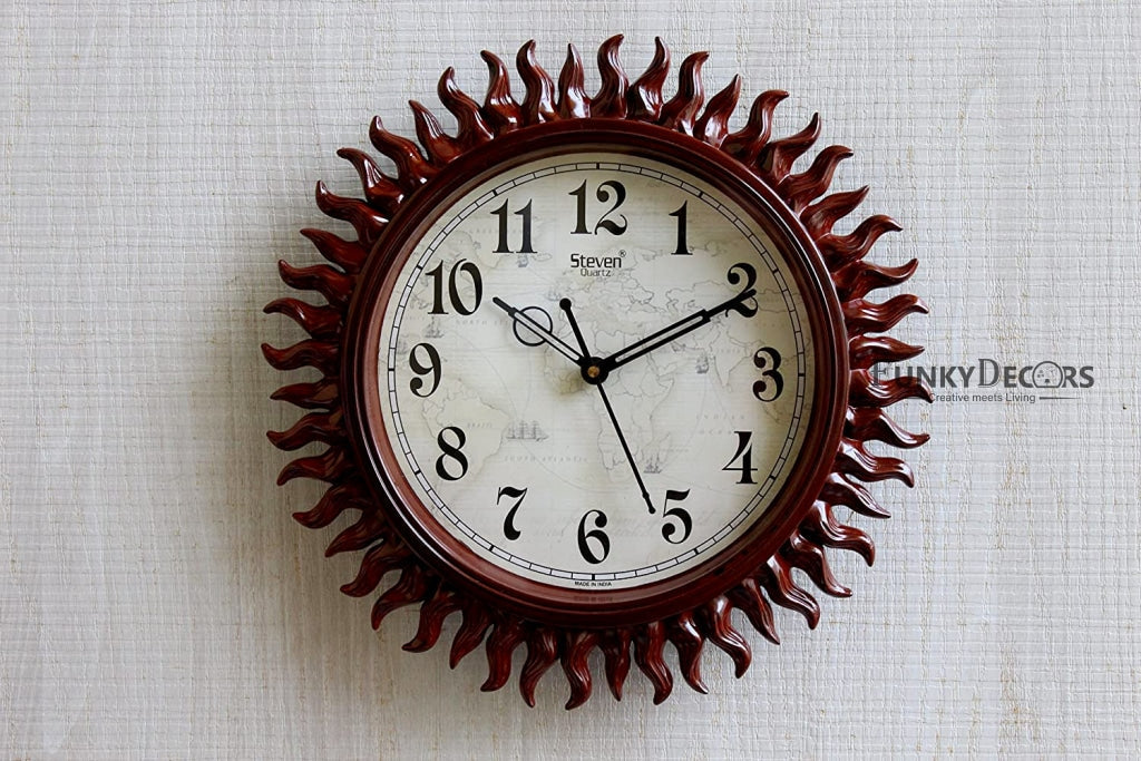 FunkyDecors Royal Designer Light Brown Sun Shaped Wall Clock Watch Decor For Home Office And