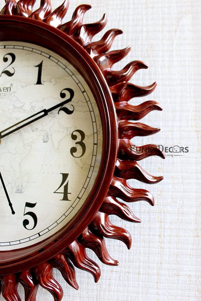 FunkyDecors Royal Designer Light Brown Sun Shaped Wall Clock Watch Decor For Home Office And