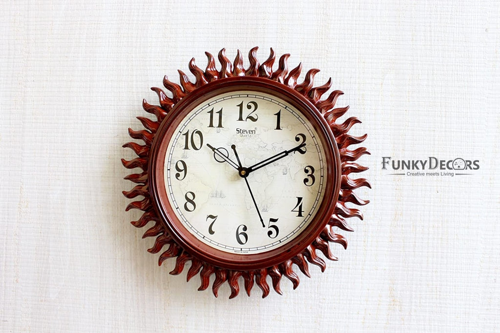 Funkytradition Royal Designer Light Brown Sun Shaped Wall Clock Watch Decor For Home Office And
