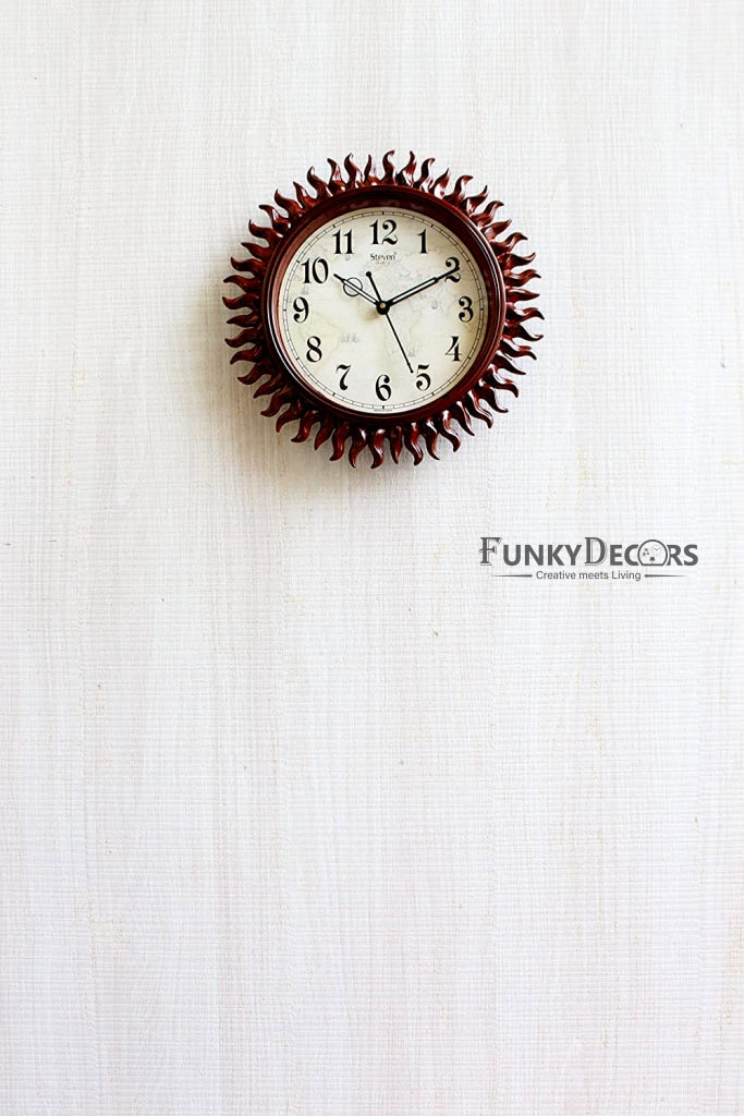 FunkyDecors Royal Designer Light Brown Sun Shaped Wall Clock Watch Decor For Home Office And