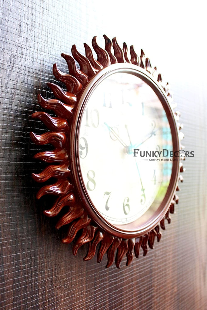 FunkyDecors Royal Designer Light Brown Sun Shaped Wall Clock Watch Decor For Home Office And