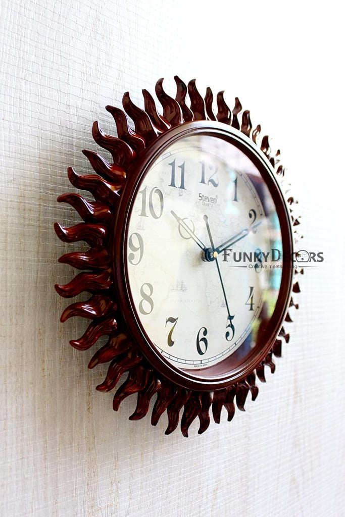 FunkyDecors Royal Designer Light Brown Sun Shaped Wall Clock Watch Decor For Home Office And