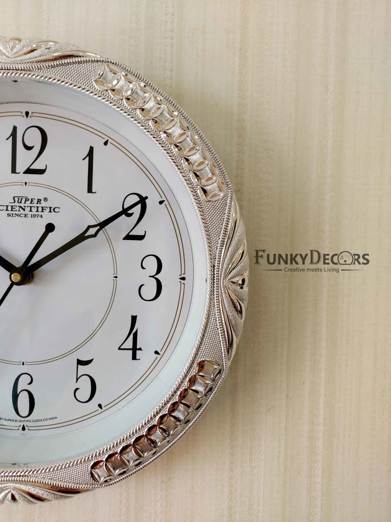 FunkyDecors Royal Designer Silver Plated White Premium Wall Clock For Home Office Decor 26 Cm