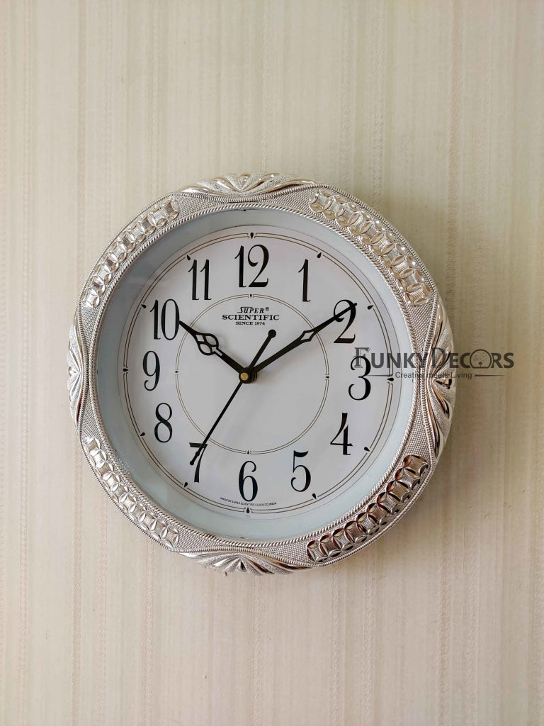 FunkyDecors Royal Designer Silver Plated White Premium Wall Clock For Home Office Decor 26 Cm