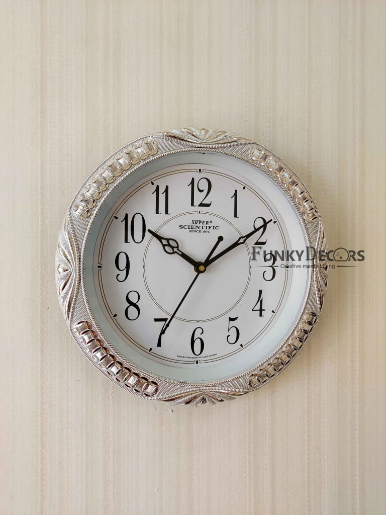 FunkyDecors Royal Designer Silver Plated White Premium Wall Clock For Home Office Decor 26 Cm