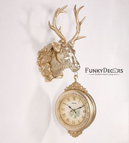 Funkytradition Royal Golden Color Dual Hanging Reindeer Wall Clock| Watch | Clock For Home Office