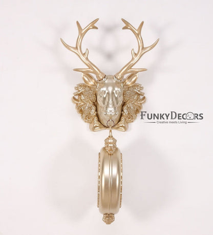 Funkytradition Royal Golden Color Dual Hanging Reindeer Wall Clock| Watch | Clock For Home Office