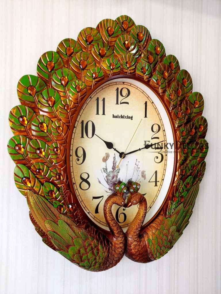 Funkytradition Royal Green Peacock Wall Clock For Home Office Decor And Gifts 60 Cm Tall Clocks