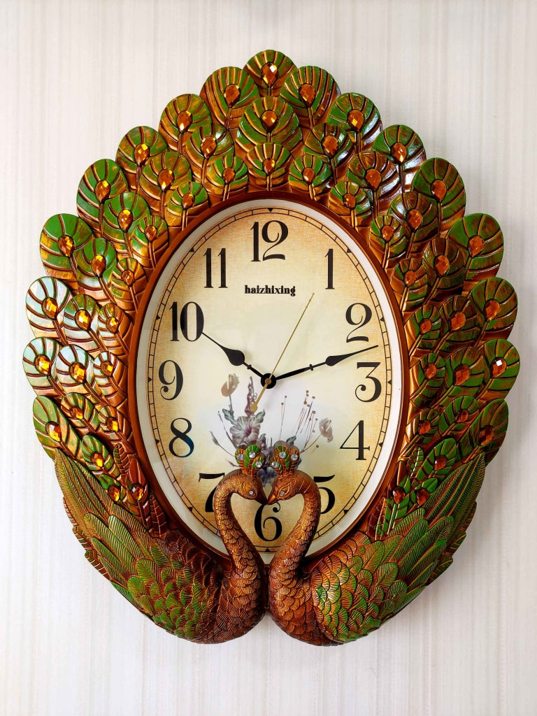 Funkytradition Royal Green Peacock Wall Clock For Home Office Decor And Gifts 60 Cm Tall Clocks