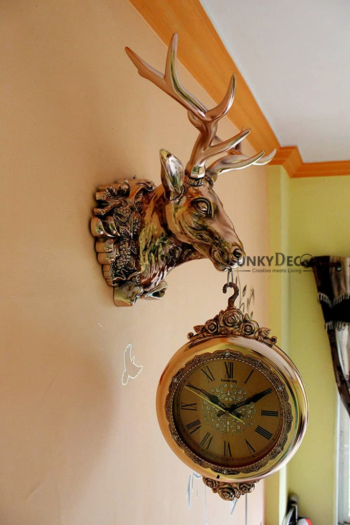 FunkyDecors Royal Metallic Color Dual Hanging Reindeer Wall Clock| Watch | Clock For Home Office