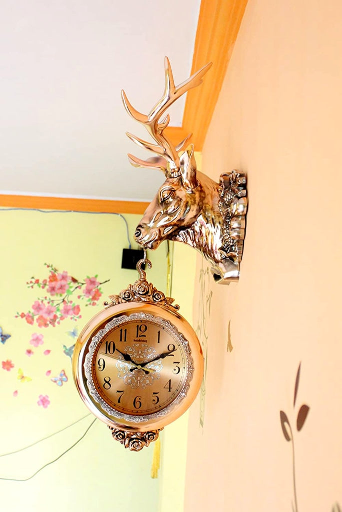 FunkyDecors Royal Metallic Color Dual Hanging Reindeer Wall Clock| Watch | Clock For Home Office