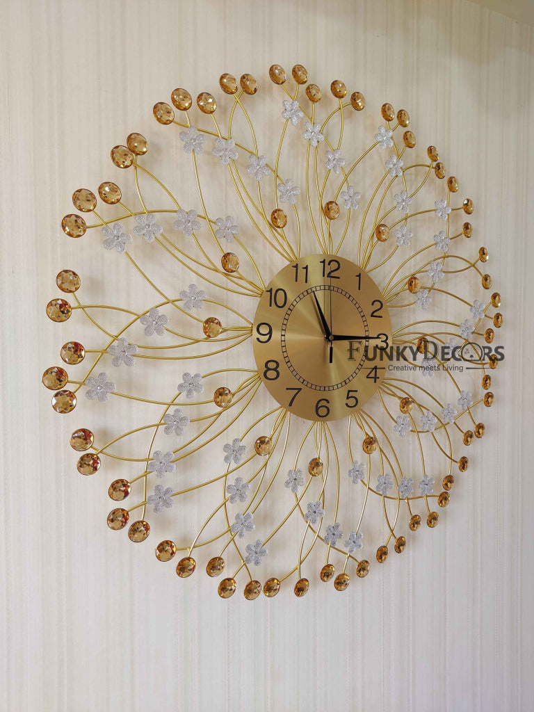 FunkyDecors Royal Multicolor 3D Flower Diamond Studded Wall Clock For Home Office Decor And Gifts