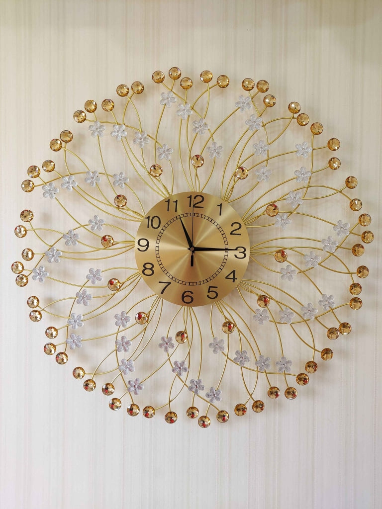 FunkyDecors Royal Multicolor 3D Flower Diamond Studded Wall Clock For Home Office Decor And Gifts