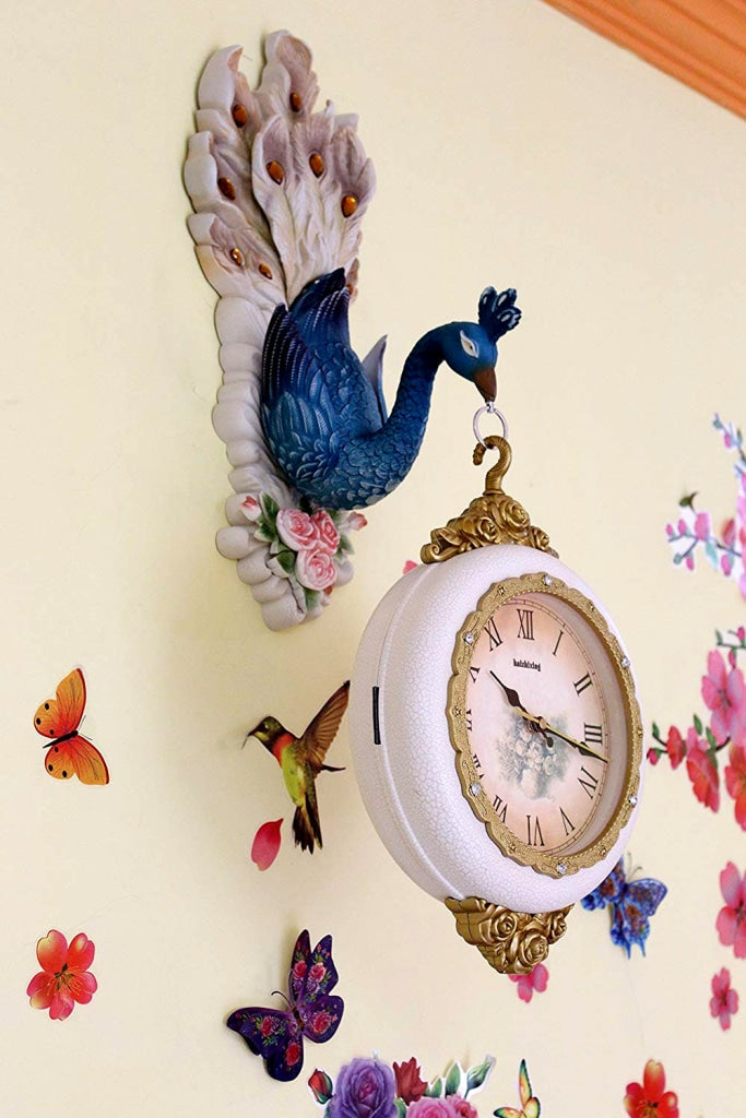 FunkyDecors Royal Multicolor Dual Hanging Peacock Wall Clock For Home Office Decor And Gifts 75