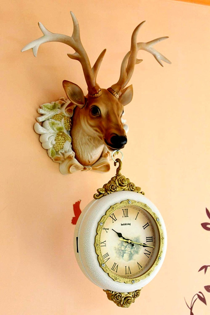 FunkyDecors Royal Multicolor Dual Hanging Reindeer Wall Clock For Home Office Decor And Gifts 75