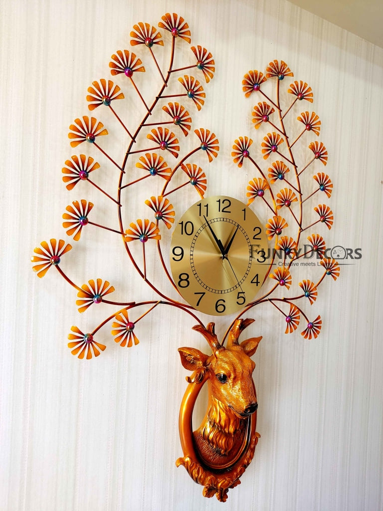 FunkyDecors Royal Multicolor Reindeer Metal Wall Clock For Home Office Decor And Gifts 90 Cm Tall