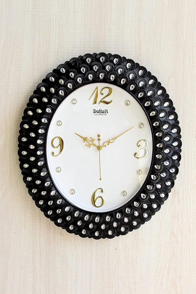 Funkytradition Royal Pearl Diamond Black Wall Clock Watch Decor For Home Office And Gifts 47 Cm Tall