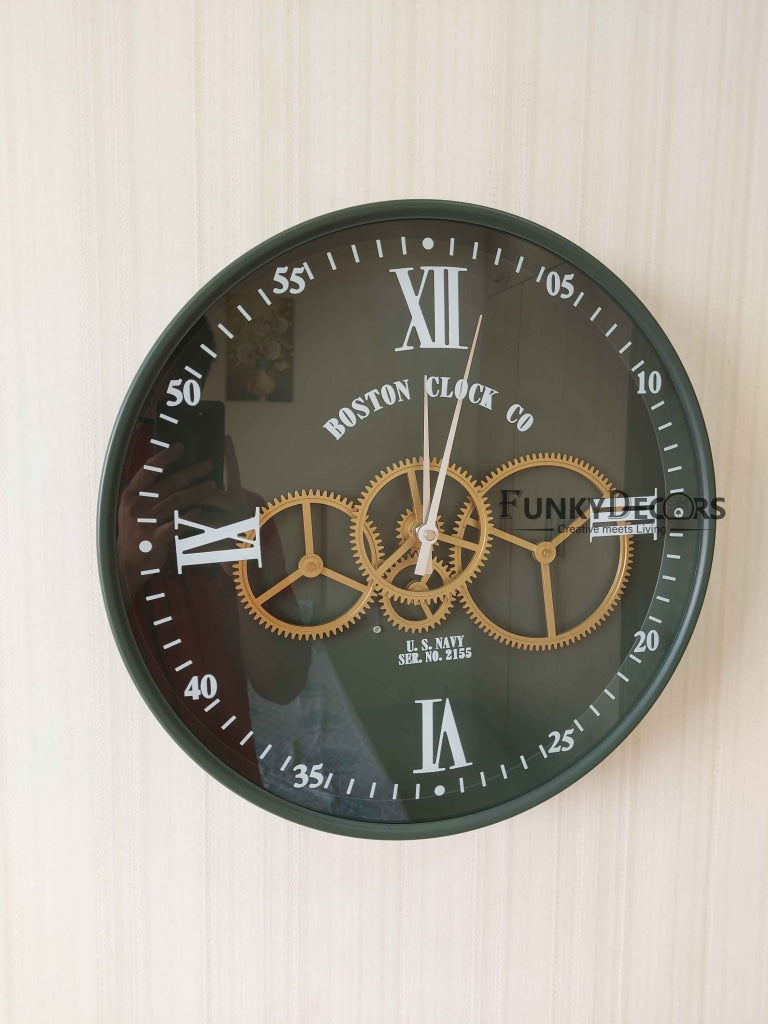 Funkytradition Royal Retro Style Metal Wall Clock With Glass Frame And Moving Gear Chronograph