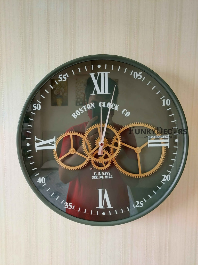 Funkytradition Royal Retro Style Metal Wall Clock With Glass Frame And Moving Gear Chronograph