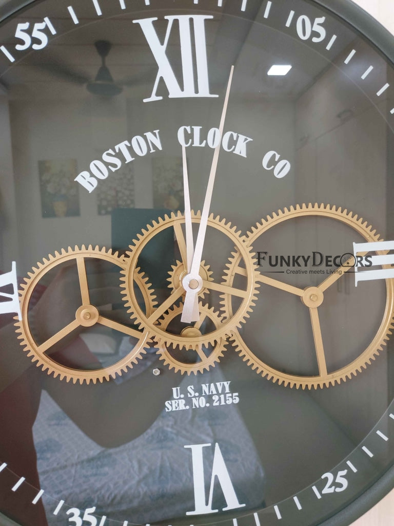 Funkytradition Royal Retro Style Metal Wall Clock With Glass Frame And Moving Gear Chronograph
