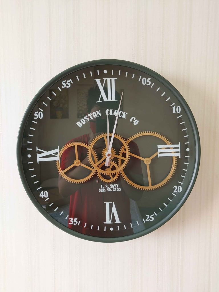 Funkytradition Royal Retro Style Metal Wall Clock With Glass Frame And Moving Gear Chronograph