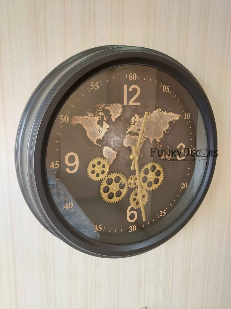 Funkytradition Royal Retro Style Metal Wall Clock With Glass Frame And Moving Gear Chronograph