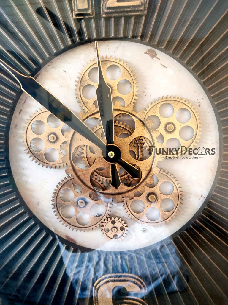Funkytradition Royal Retro Style Metal Wall Clock With Glass Frame And Moving Gear Chronograph