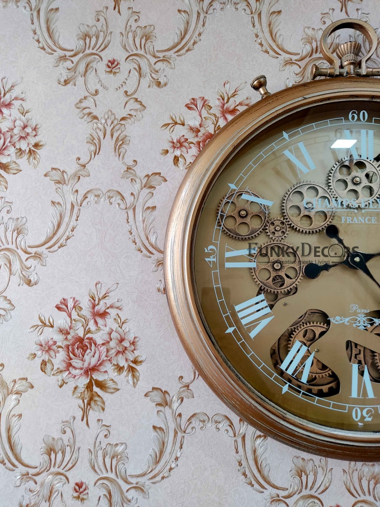 Funkytradition Royal Retro Style Metal Wall Clock With Glass Frame And Moving Gear Chronograph