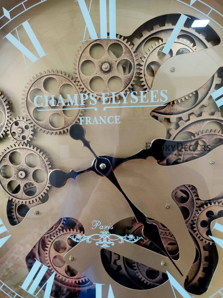 Funkytradition Royal Retro Style Metal Wall Clock With Glass Frame And Moving Gear Chronograph