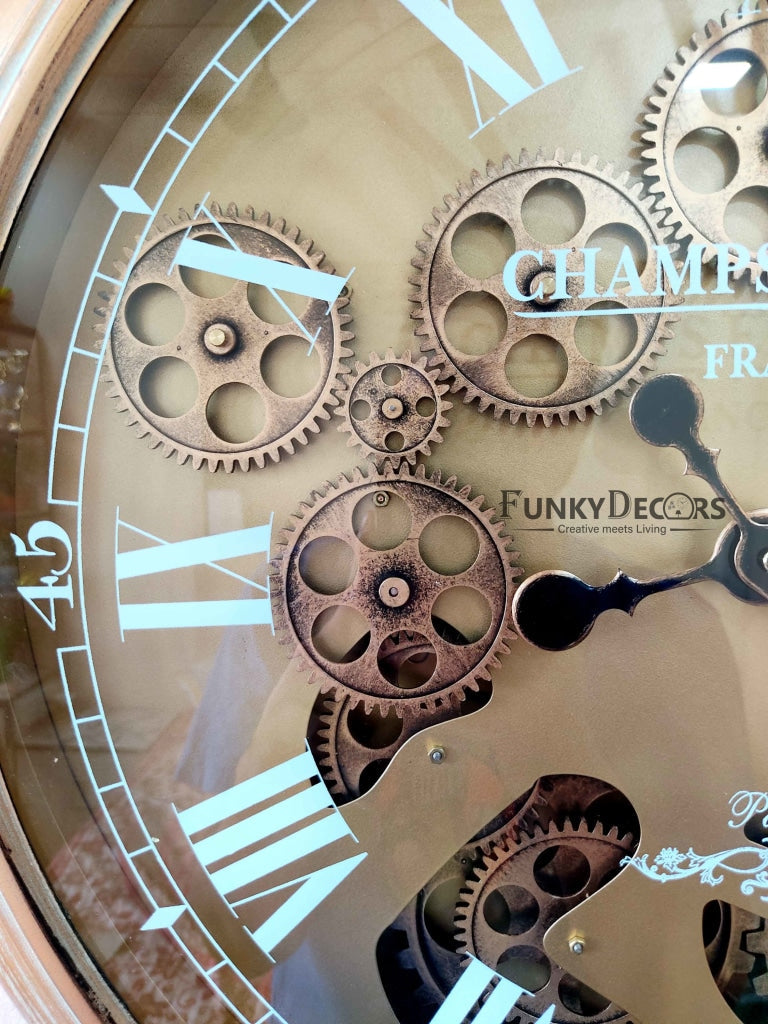 Funkytradition Royal Retro Style Metal Wall Clock With Glass Frame And Moving Gear Chronograph