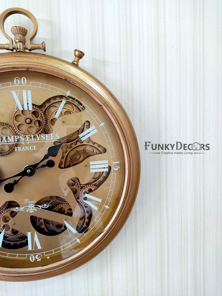 Funkytradition Royal Retro Style Metal Wall Clock With Glass Frame And Moving Gear Chronograph