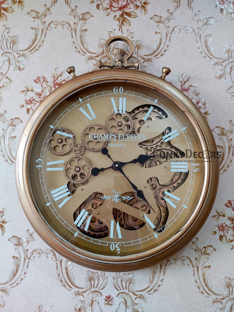 Funkytradition Royal Retro Style Metal Wall Clock With Glass Frame And Moving Gear Chronograph